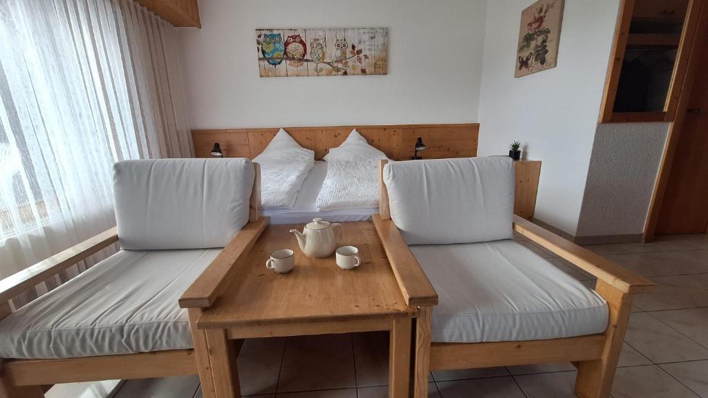 a living room with two chairs and a table at Centre Thermal - Studio SUD terrasse in Ovronnaz