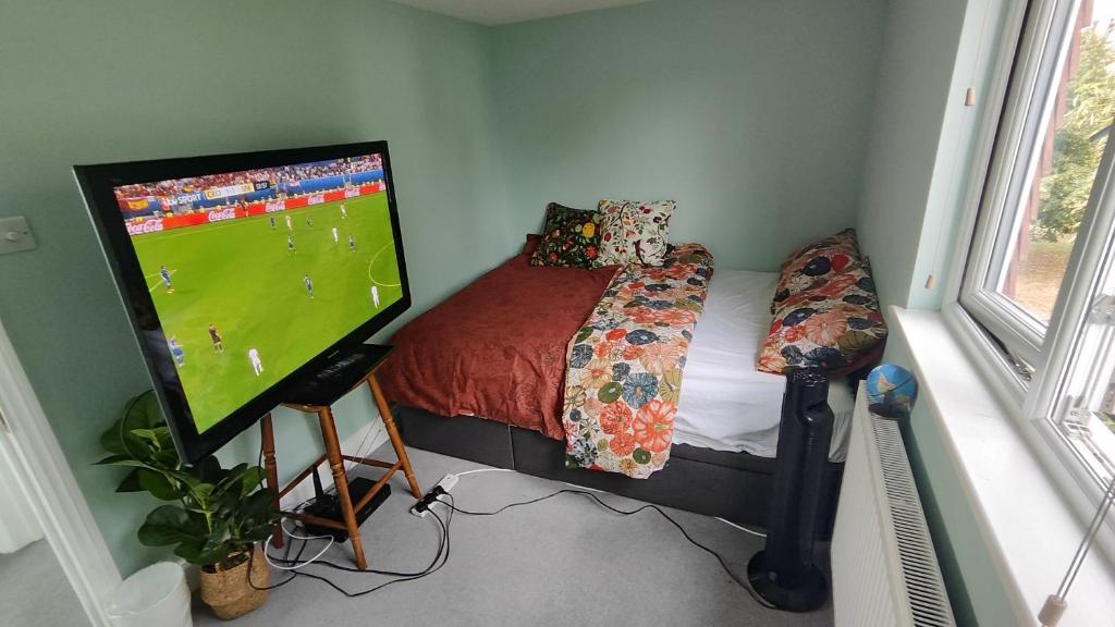 a bedroom with a bed and a tv in a room at Quiet Loft Double Room forty-five minutes by train to London Liv Street in Braintree