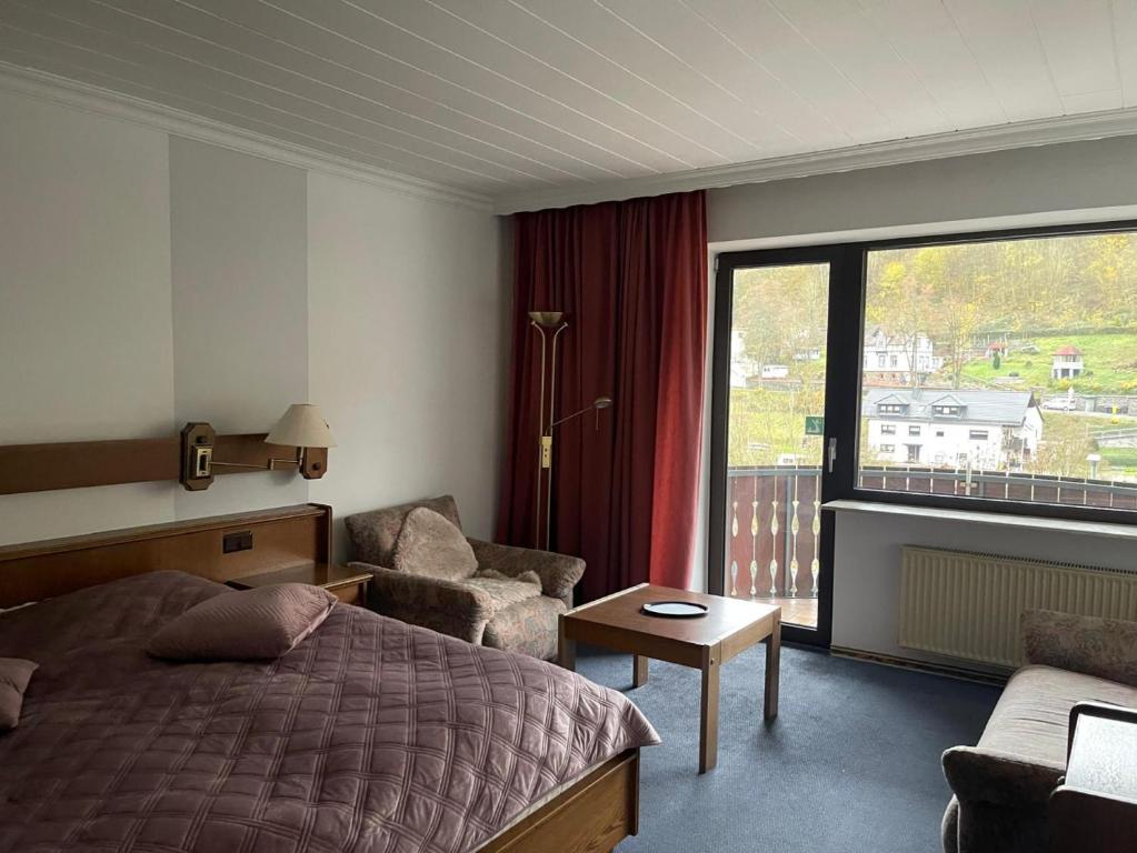 una stanza d'albergo con un letto, una sedia e una finestra di Hotel Balduin - Natur & Flussblick a Balduinstein