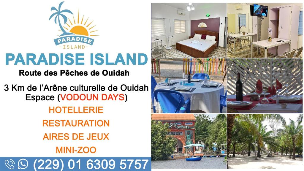 a collage of photos of a flyer for paradise island at PARADISE ISLAND - Ouidah in Ouidah