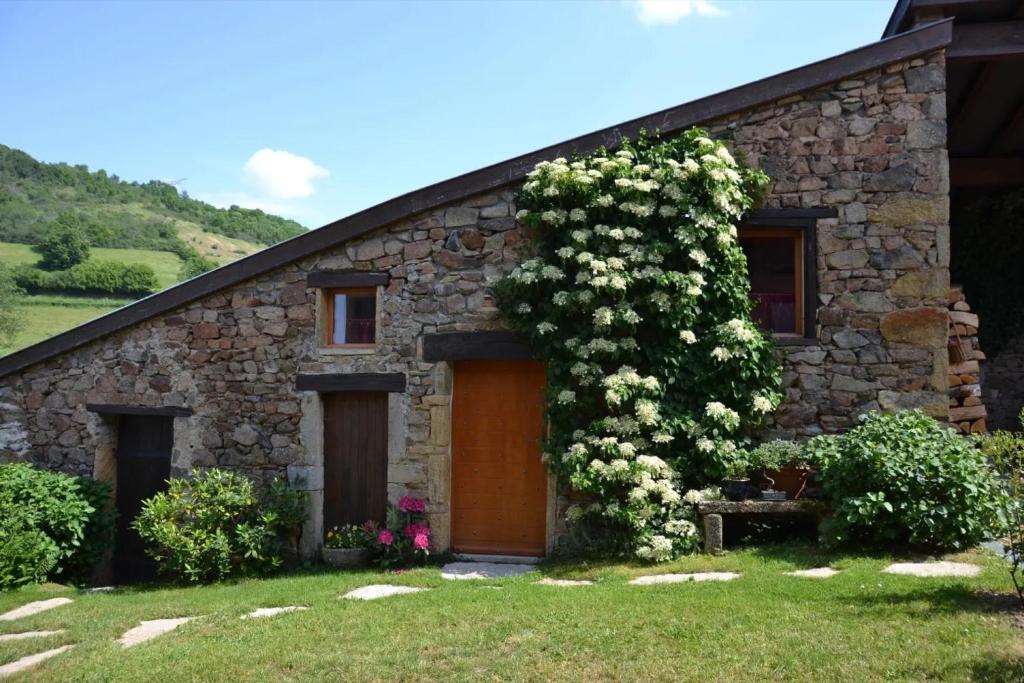 una casa de piedra con un gran arbusto de flores en Chambre d'hôtes La Framboisine, en Bourgvilain