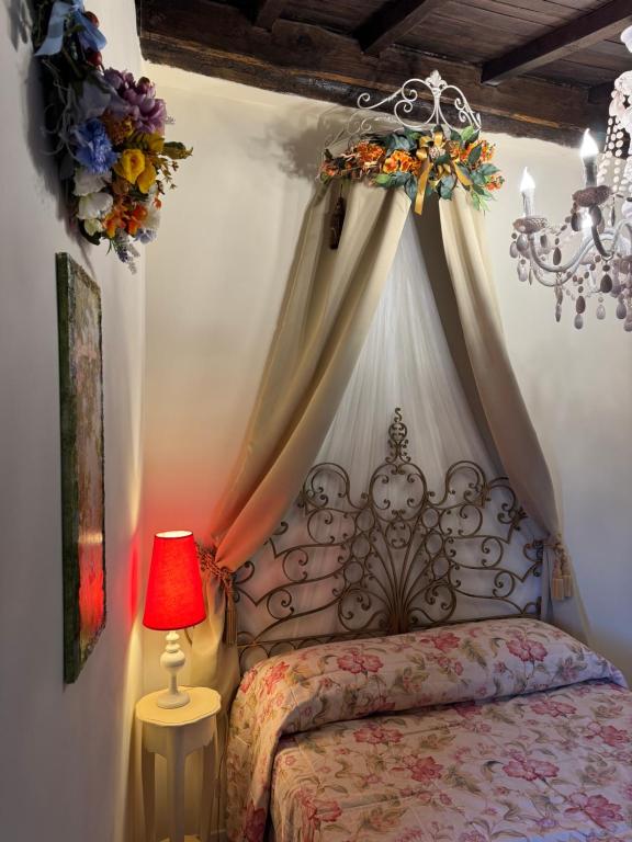 a bedroom with a bed with a canopy and a lamp at Il Vicoletto in Artena