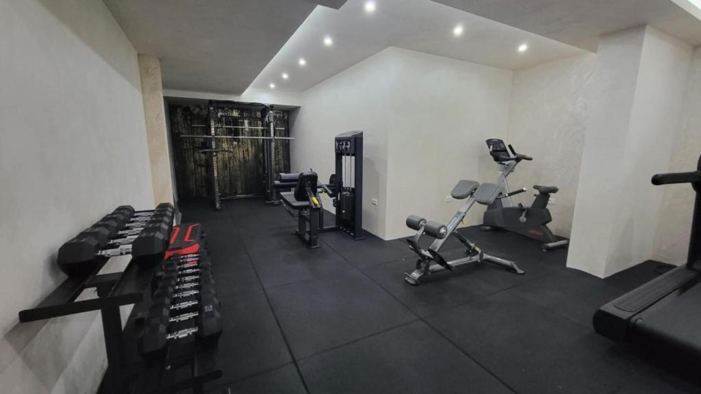 Un gimnasio con cintas de correr y bicicletas estáticas en una habitación. en Apartman Havjar Zlatibor, en Zlatibor