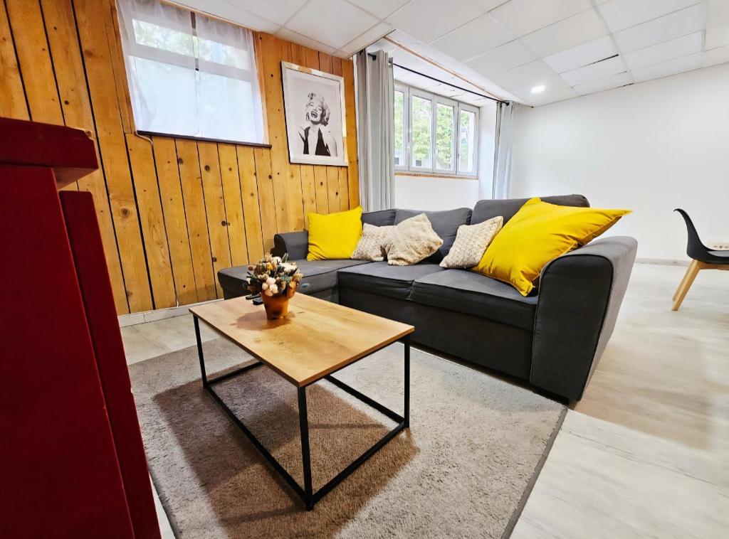 a living room with a couch and a coffee table at Le Carnot, appartement au centre de Roanne in Roanne