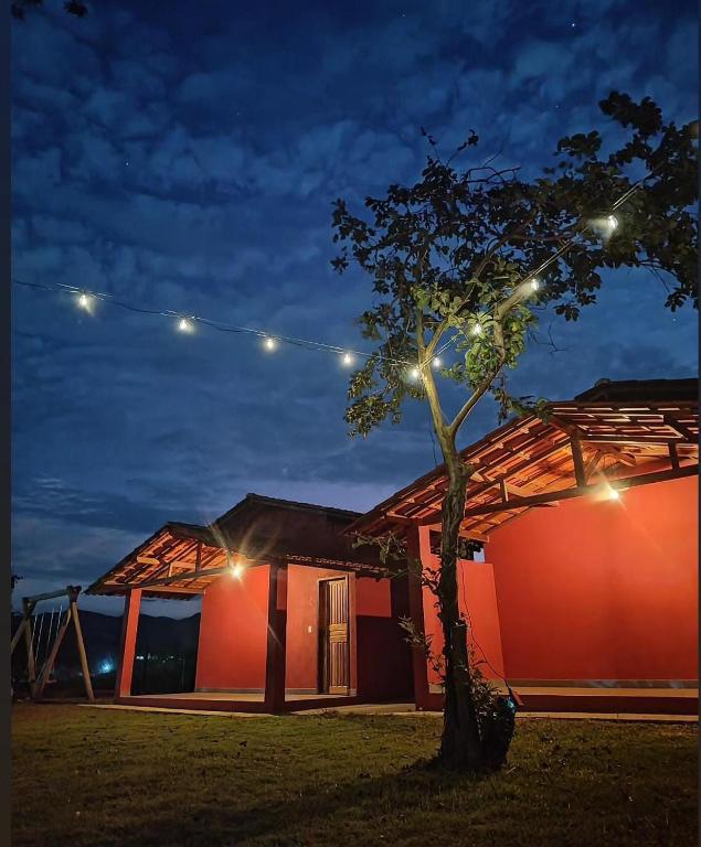 a tree with lights in front of a house at Tríade Chalé da Canastra 2 in São Roque de Minas