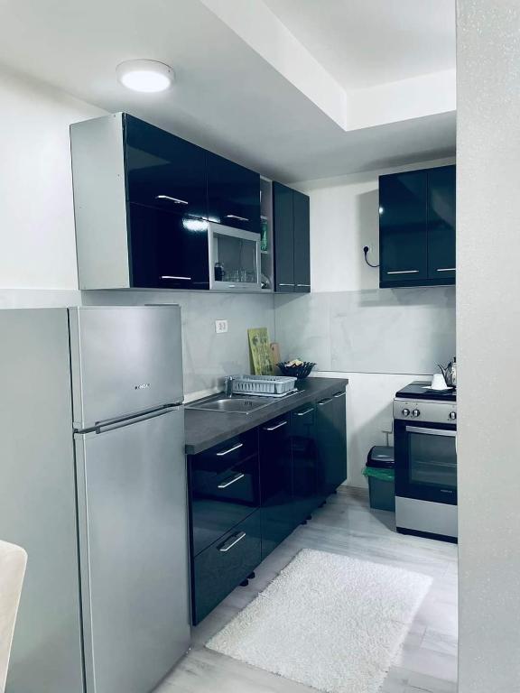 a kitchen with blue cabinets and a stainless steel refrigerator at Mostar Luxury Apartment in Mostar