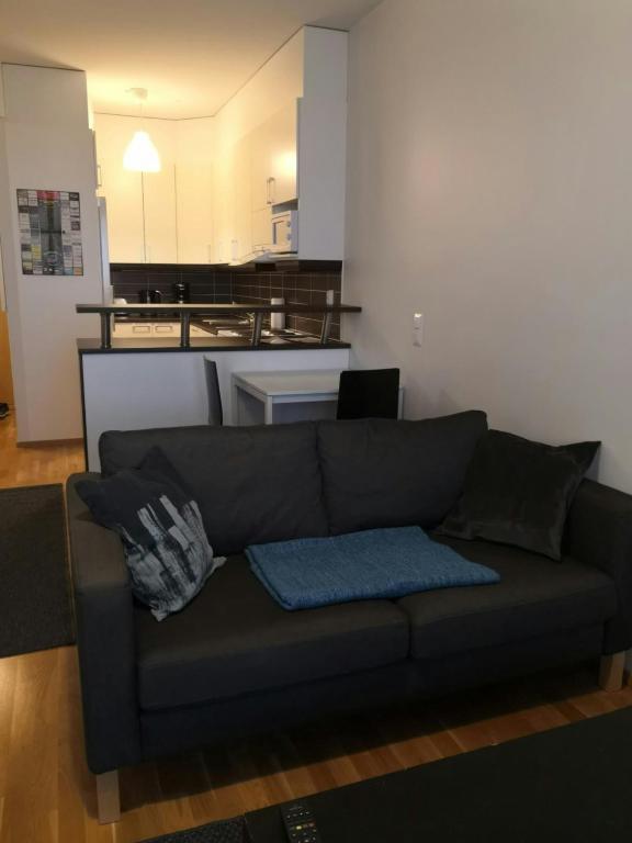 a living room with a couch and a kitchen at Convenient Studio for 1 with Sauna in Kemi