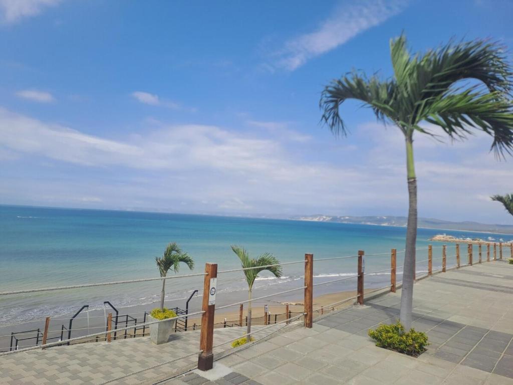a palm tree on a sidewalk near the beach at Cómoda Casa con vista al Mar en Manta in Manta