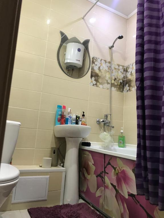 a bathroom with a sink and a toilet and a shower at Аренда квартир in Rudny