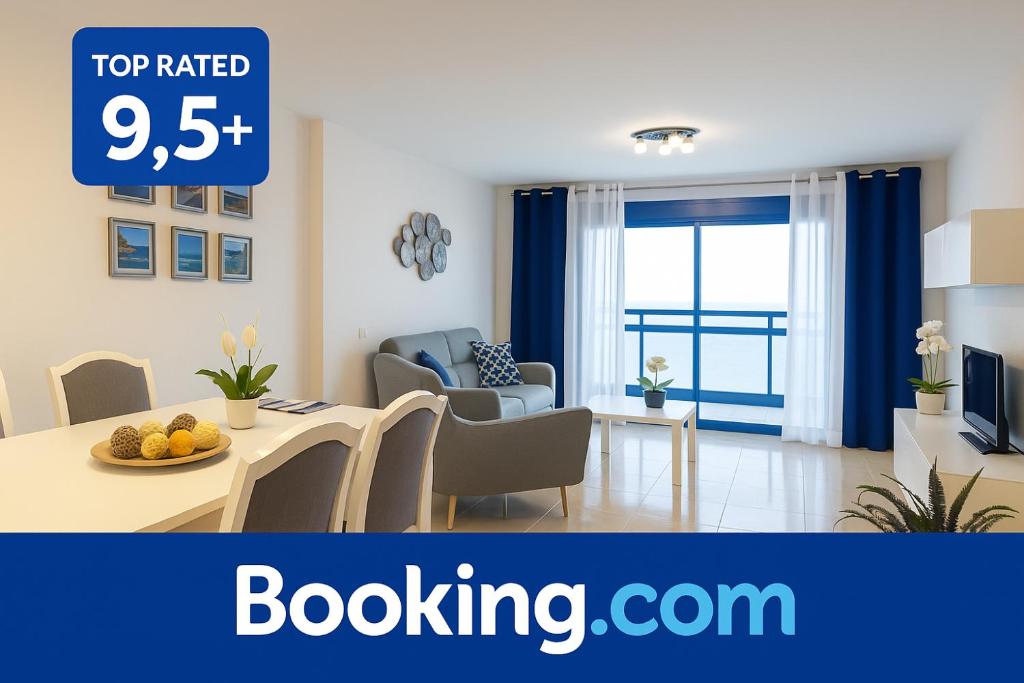 a living room with a table and a dining room at Apartment las sirenas -WiFi 100 Mb-, Sea view in Roquetas de Mar