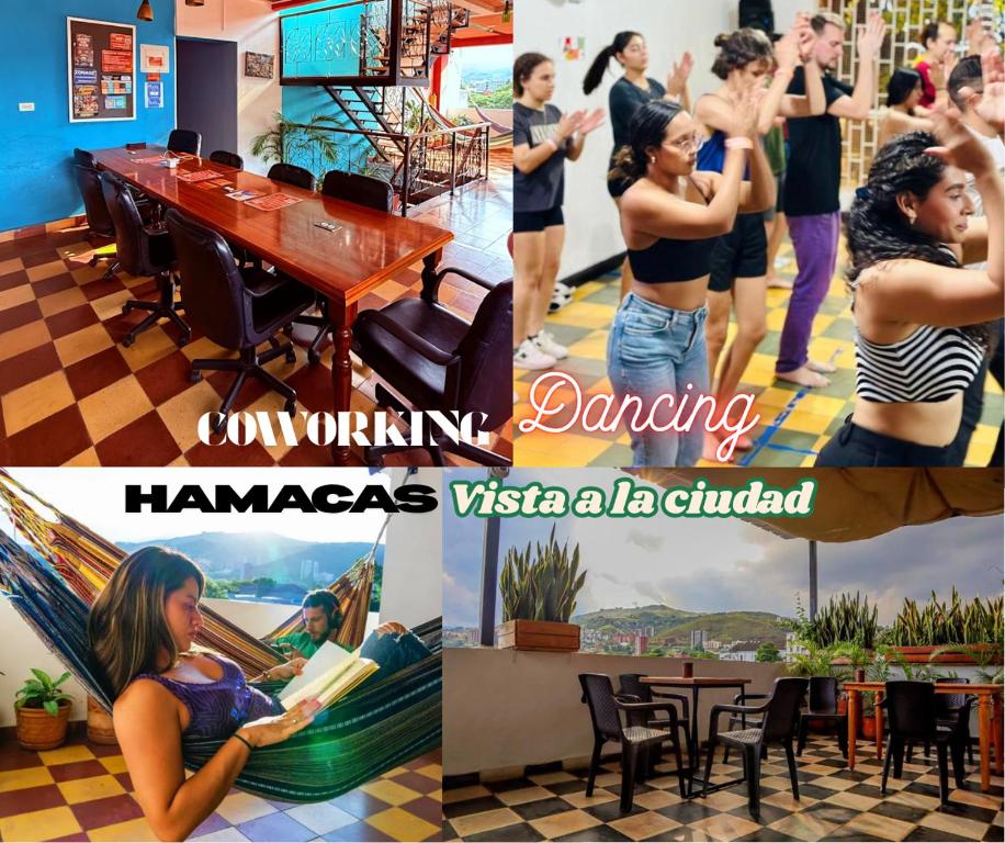 a collage of photos of people doing yoga and a dance at Havana Dance School & Hostel in Cali