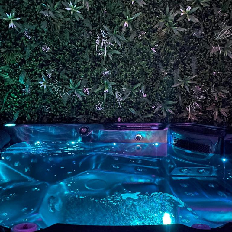 a jacuzzi tub with lights in front of a plant at Une Pause Douceur - Suite Orchidée in Eyguières