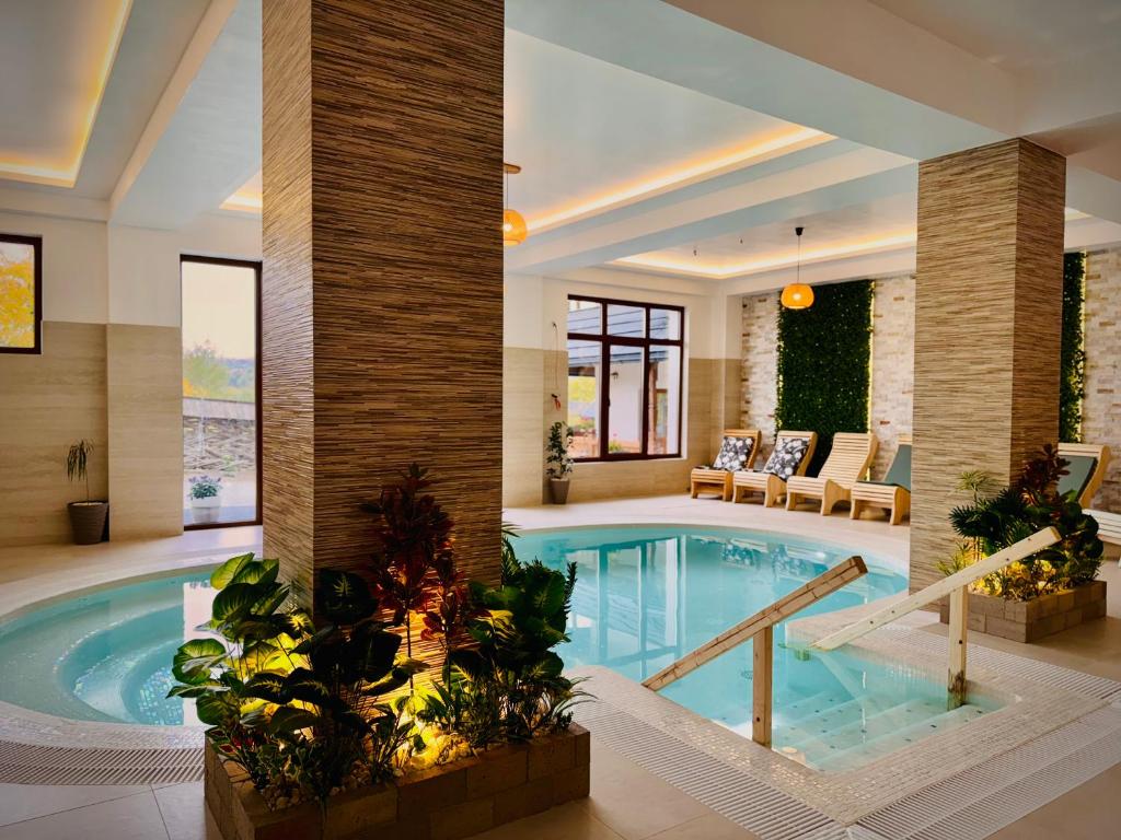ein großer Swimmingpool in einem Haus mit Pflanzen in der Unterkunft Pensiunea ROCA Maramures in Deseşti
