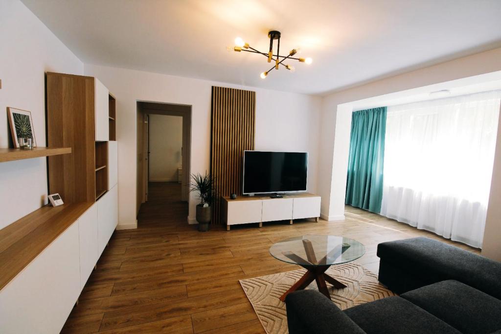 een woonkamer met een bank en een televisie bij DaVinci Apartment with Self Check-In in Târgu-Mureş