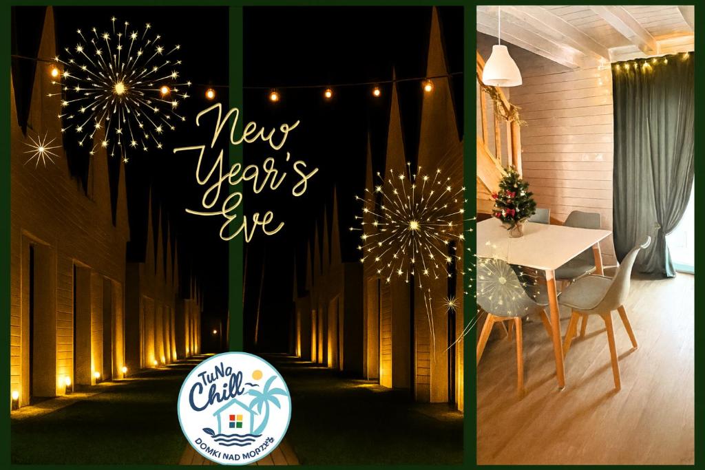 a dining room with christmas lights and a table with a sign that says new at TuNaChill in Dziwnów