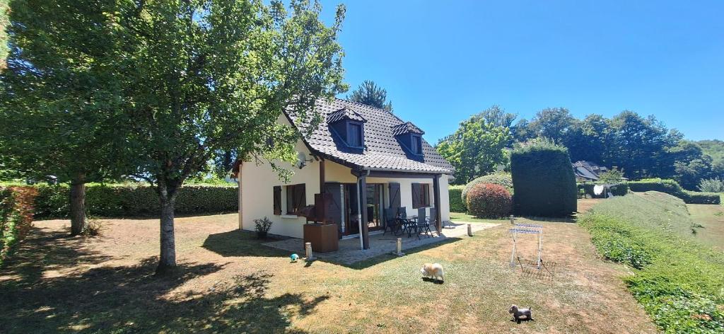 a small house with chickens standing outside of it at Résidence Hirondelle Corrèze in Saint-Salvadour