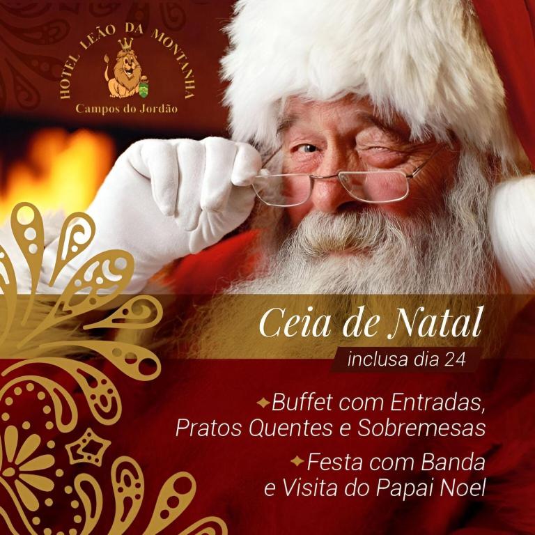 a poster of a man wearing a santa hat and glasses at Hotel Leão da Montanha in Campos do Jordão