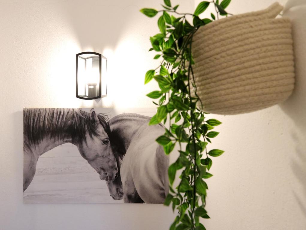 una pintura de un caballo blanco en una pared en Hospedaria Portuguesa, en Alpiarça