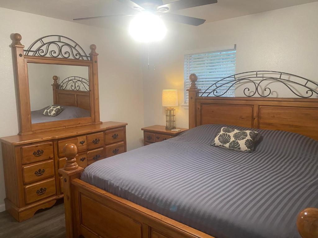 a bedroom with a bed and a dresser and a mirror at 2bd 1bth Newly Renovated Home near Cowboys Stadium etc in Arlington