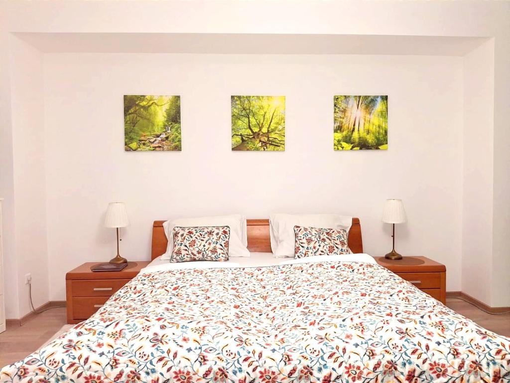 a bedroom with a bed and four paintings on the wall at 2 Rooms Family Apartment Tauchen in Mönichkirchen
