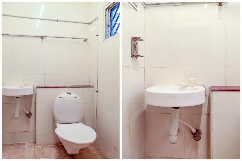two pictures of a bathroom with a toilet and a sink at Hotel O Kota Lodge in Coimbatore