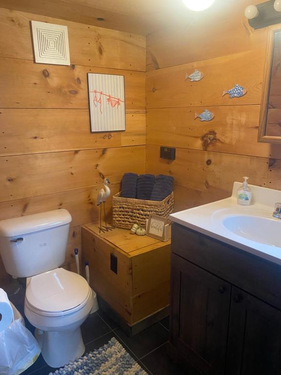 un baño con inodoro y lavabo en Cozy little Cabin, en Van Buren