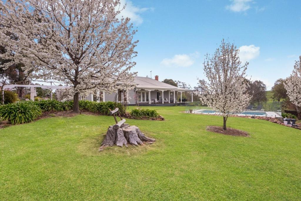 a statue of two birds sitting on a tree stump in a yard at Hazeldene, charm & vines in Heathcote