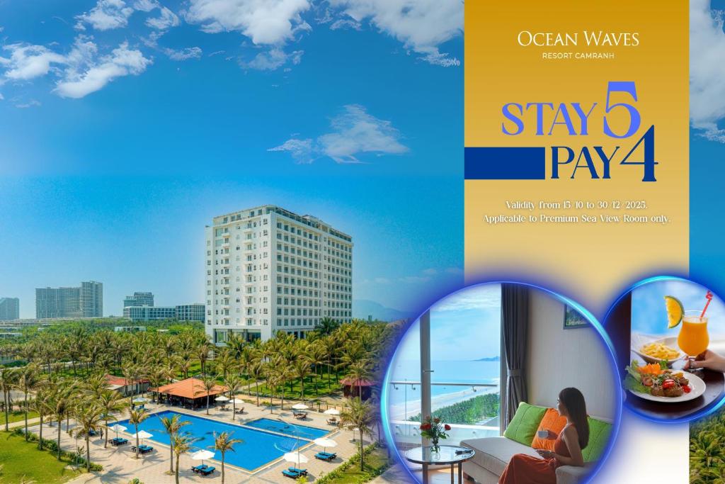 a flyer for a hotel with a view of a pool at Ocean Waves Resort Cam Ranh in Cam Lâm