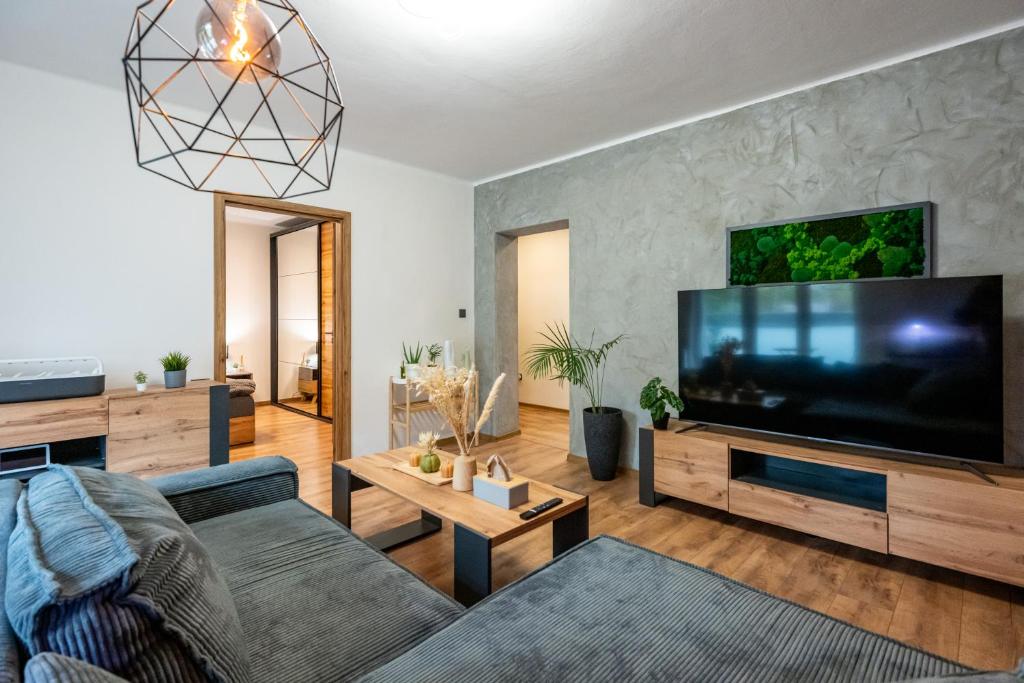 a living room with a large flat screen tv at Luxury apartment with WiFi and Netflix Ostrava-Jih in Hrabŭvka