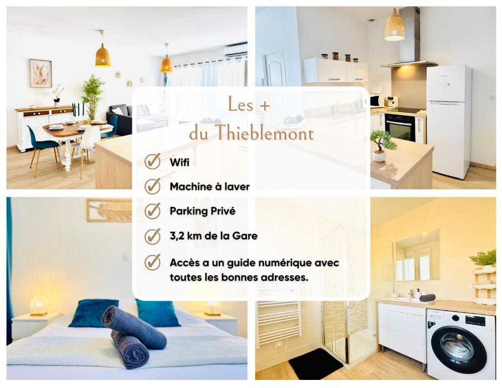 a collage of photos of a kitchen and a living room at Le Thieblemont - Elegance and Private Outdoor Space in La Chapelle-Saint-Luc