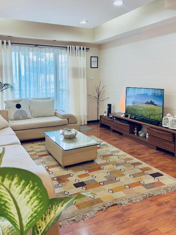 a living room with a couch and a tv at Cozykeyz 2BHK apartment with balconies near swayambhu in Katmandu International