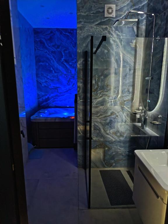 a bathroom with a shower with a blue ceiling at Raj in Subotica