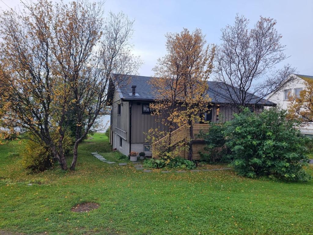 a house in a yard with trees in front of it at House by the fjord in Vadsø