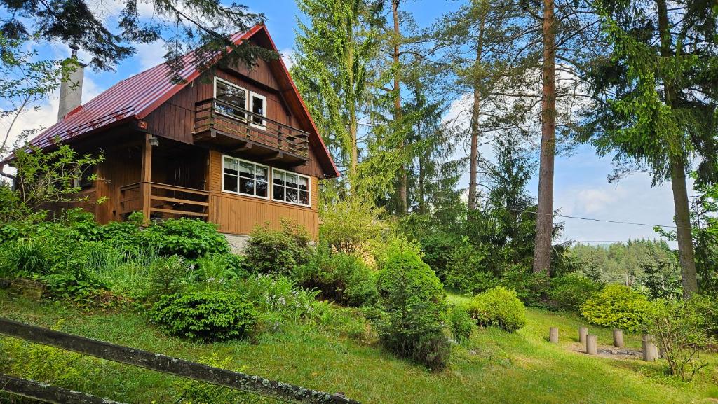 a wooden house with a red roof on a hill at Chata Babča in Jetřichovice