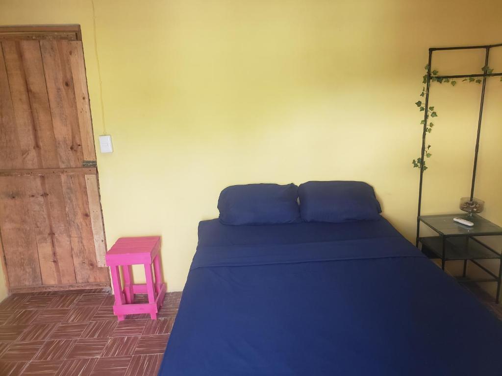ein Schlafzimmer mit einem blauen Bett und einem rosa Beistelltisch in der Unterkunft Republic Hostal in Azcorra