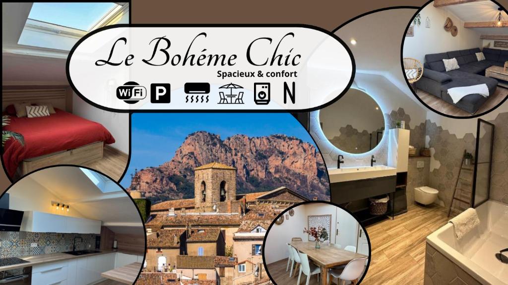a collage of photos of a hotel with a mountain at LE BOHEME CHIC - Terrasse BBQ Espace & Confort - Clim et Parking Gratuit - Idéal Famille - PLAGE 15 min - OFFRE SPECIALE in Puget-sur Argens