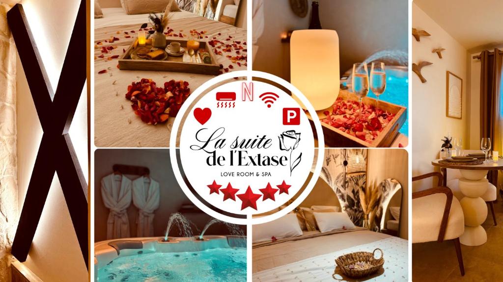 a collage of photos of a hotel room with a pool at L'EXTASE - LOVE ROOM - Jacuzzi privé & Terrasse - Parking et Wifi Gratuit - Elégance & Confort - Une expérience Détente et Sensuelle à votre portée ! OFFRE SPÉCIALE in Puget-sur Argens