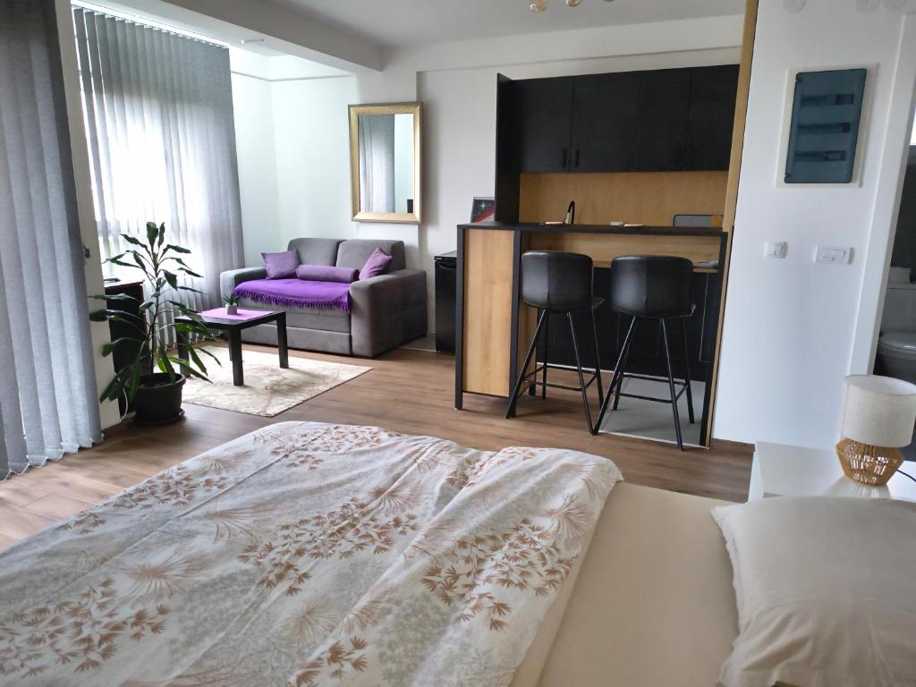 a living room with a bed and a couch and a kitchen at Apartman Kladovo in Kladovo