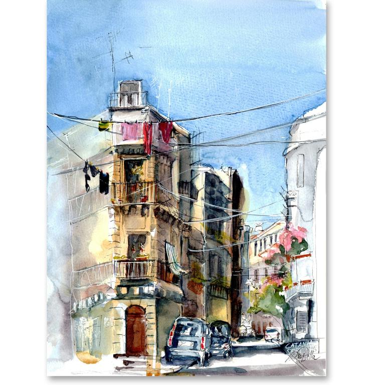 a watercolor painting of an old building at Cìvitas Suite ApartHotel in Catania
