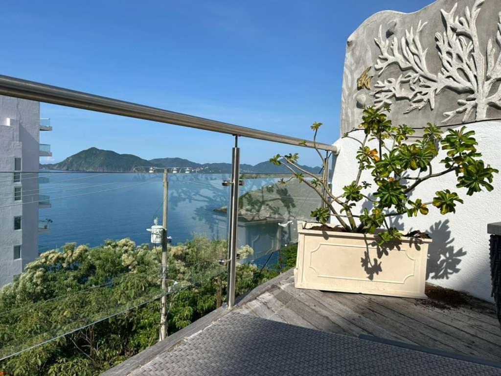 una planta en maceta en un balcón con vistas al agua en Manzanillo Beautiful Views Private Pool, en Manzanillo