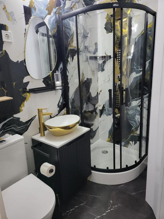 Un baño con ducha, lavabo e inodoro. en Silver Apartman, en Harkány