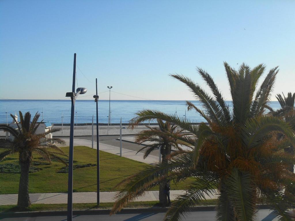 a view of a beach with palm trees and the ocean at Great flat near shops, food and beach in M'diq