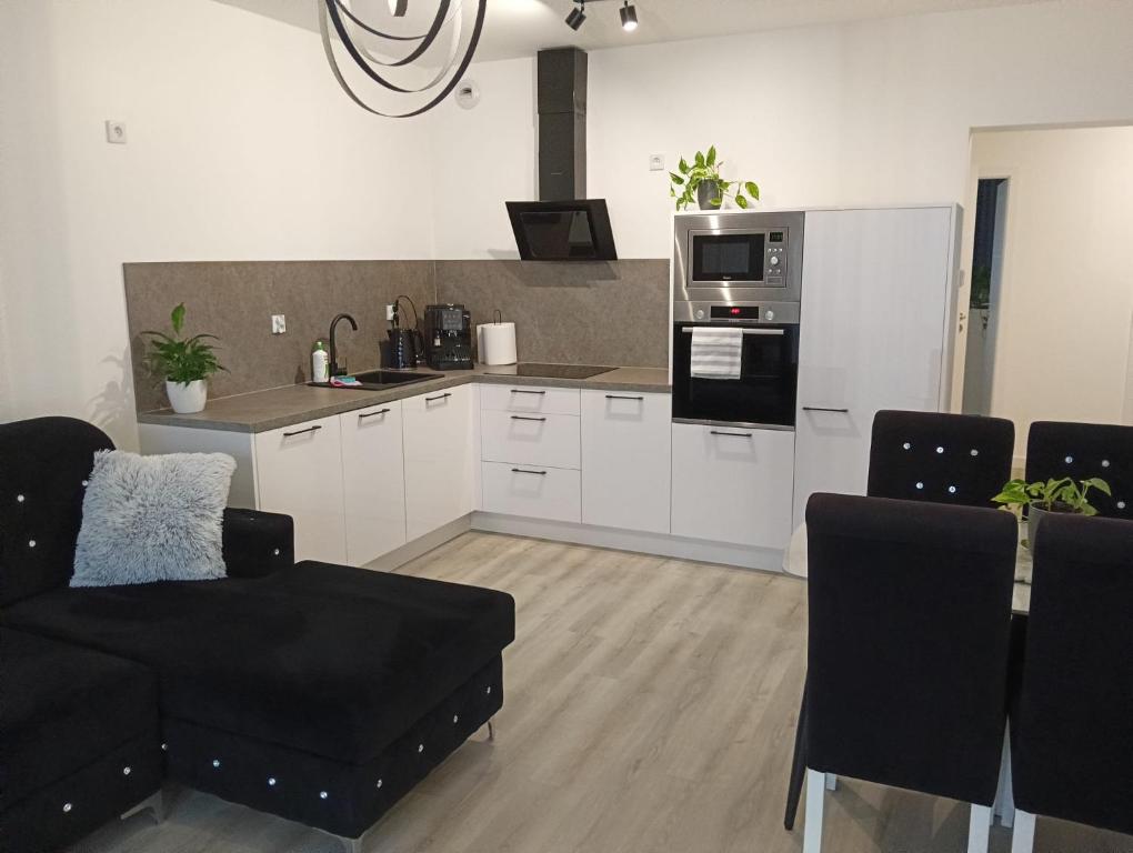 a living room with a couch and a kitchen at Apartament MajaHouse 2 in Nowa Sól