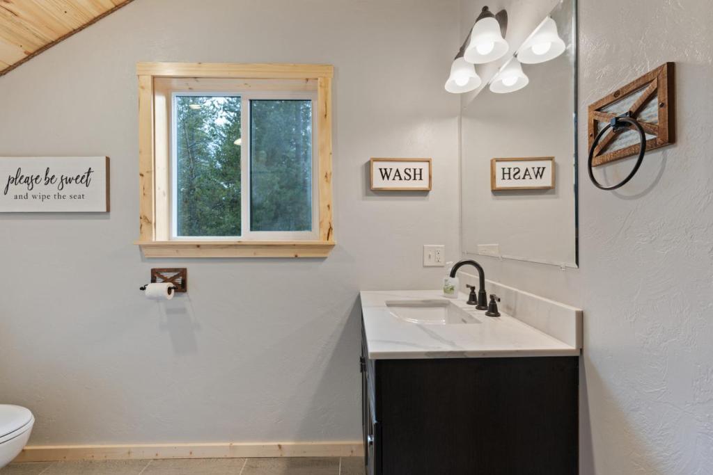 a bathroom with a sink and a toilet and a window at Timber and Tin in Island Park