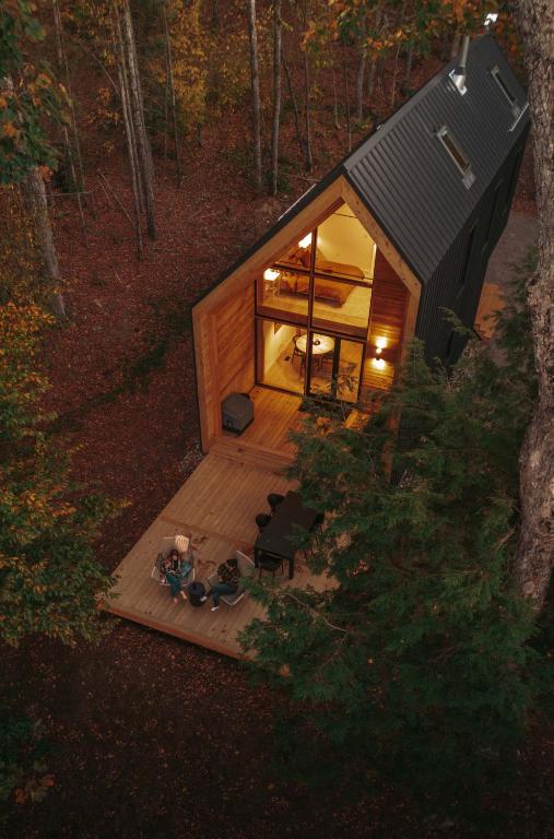 an overhead view of a tiny house in the woods at Camp Haliburton - Waterfront A-Frame in Wilberforce