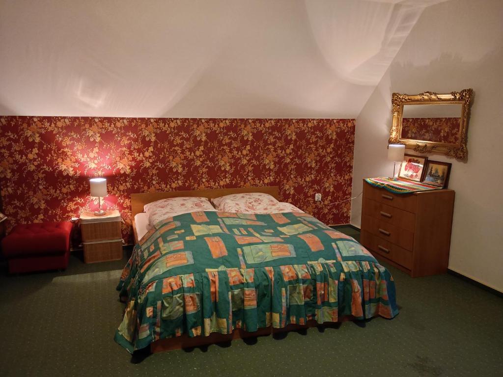 a bedroom with a bed and a dresser and a mirror at Dom przy lesie i jeziorze in Piece
