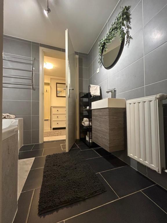 un baño con lavabo y espejo en Betnava Apartment, en Maribor
