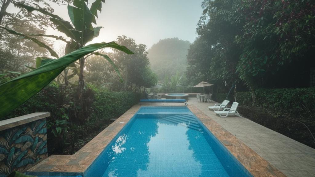 Una piscina con dos tumbonas al lado. en Hostería los Cedros de Mindo, en Mindo