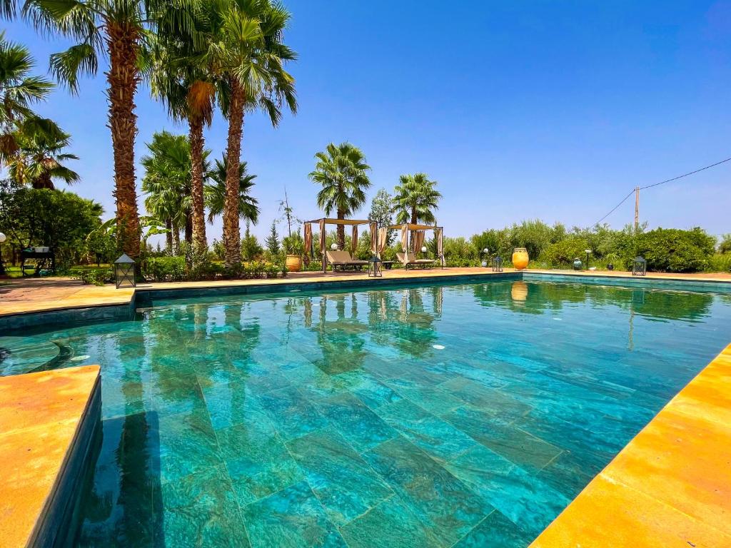 a large swimming pool with palm trees in the background at Nassau FarmHouse in Mellah Bakka