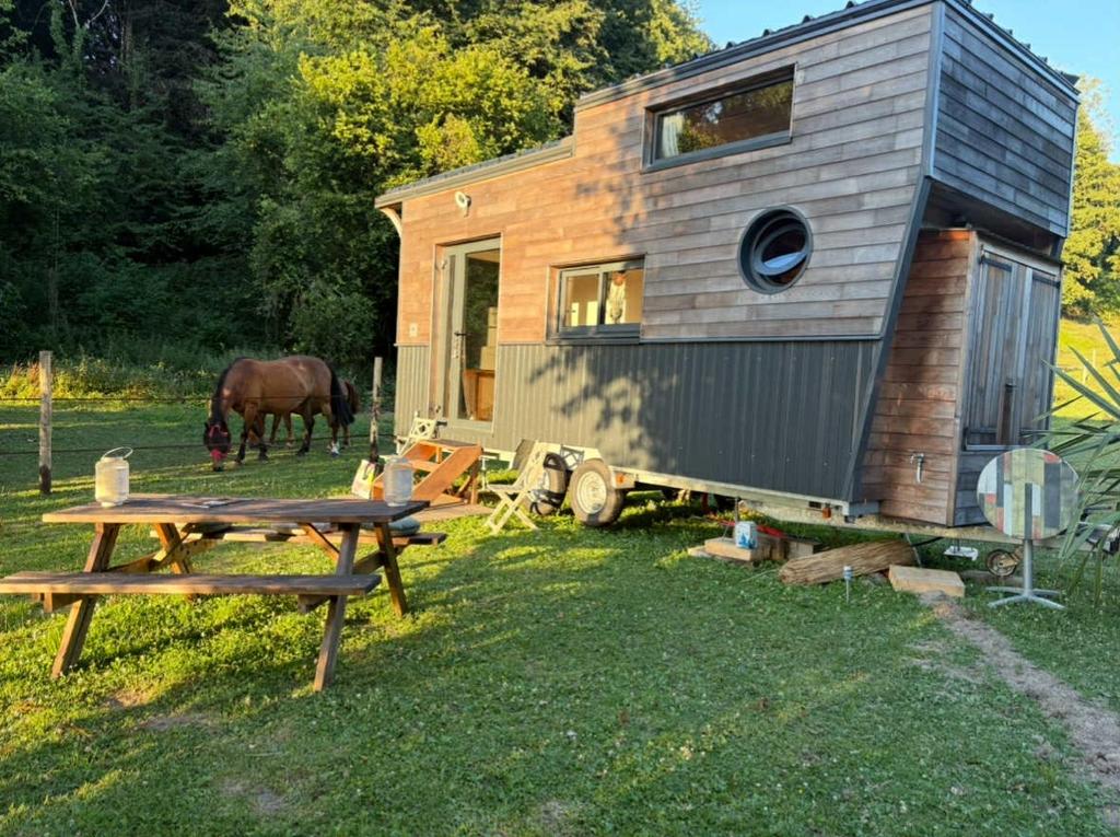 a horse is standing in front of a tiny house at La Tiny de Mary in Gonneville-sur-Mer